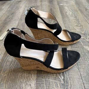 Charles David Black Wedges with Tan Cork Heel